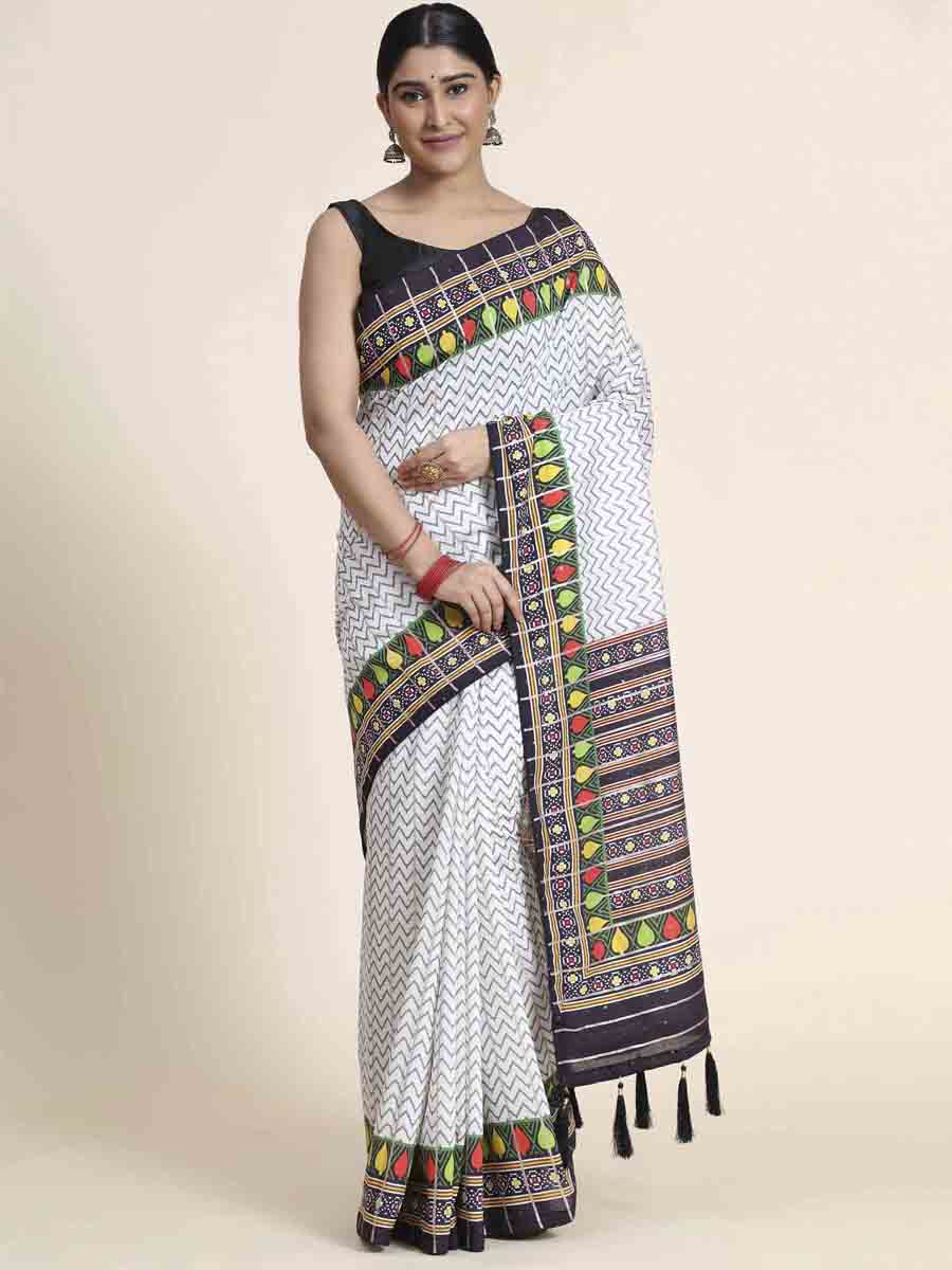 White Silk Printed Party Festival Classic Style Saree