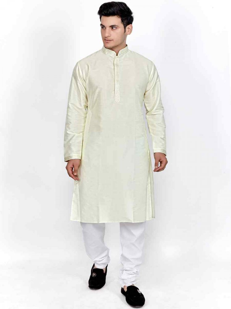 White Silk Woven Festival Kurta
