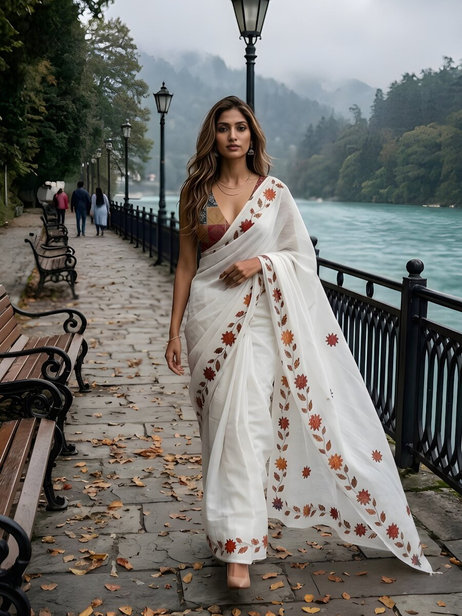 White Silver Cotton Floral Printed Wedding Reception Party Festival Casual Heavy Border Sarees