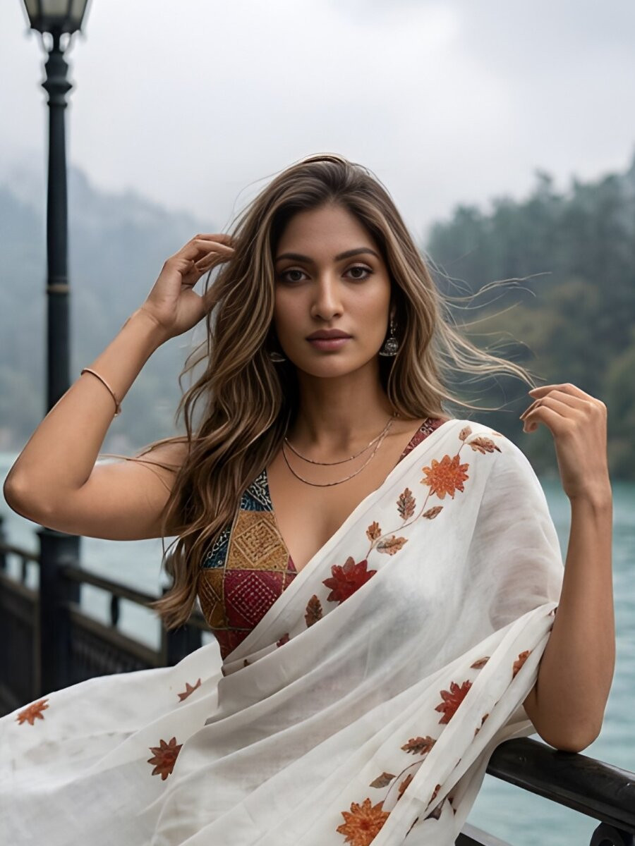 White Silver Cotton Floral Printed Wedding Reception Party Festival Casual Heavy Border Sarees