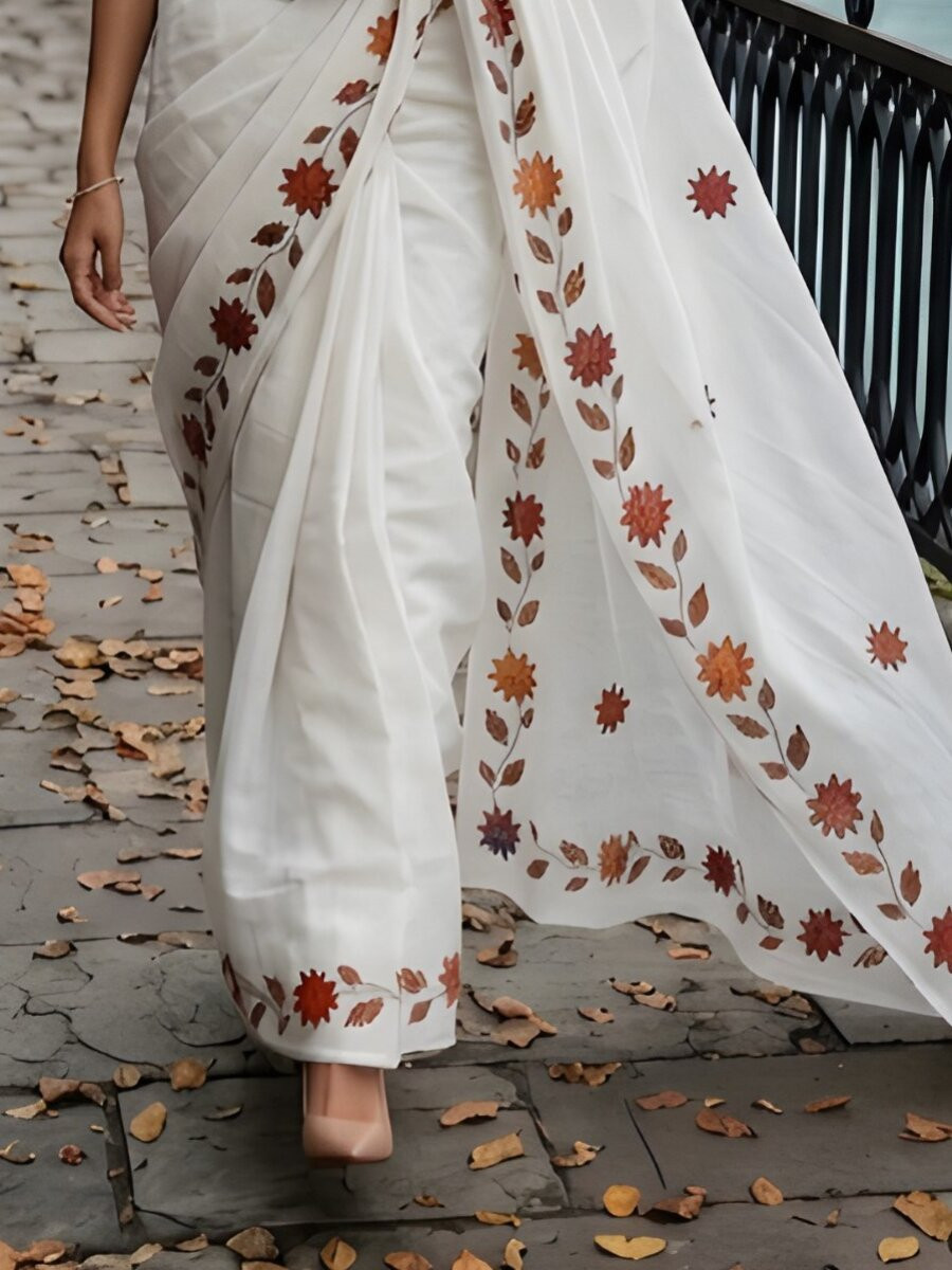 White Silver Cotton Floral Printed Wedding Reception Party Festival Casual Heavy Border Sarees