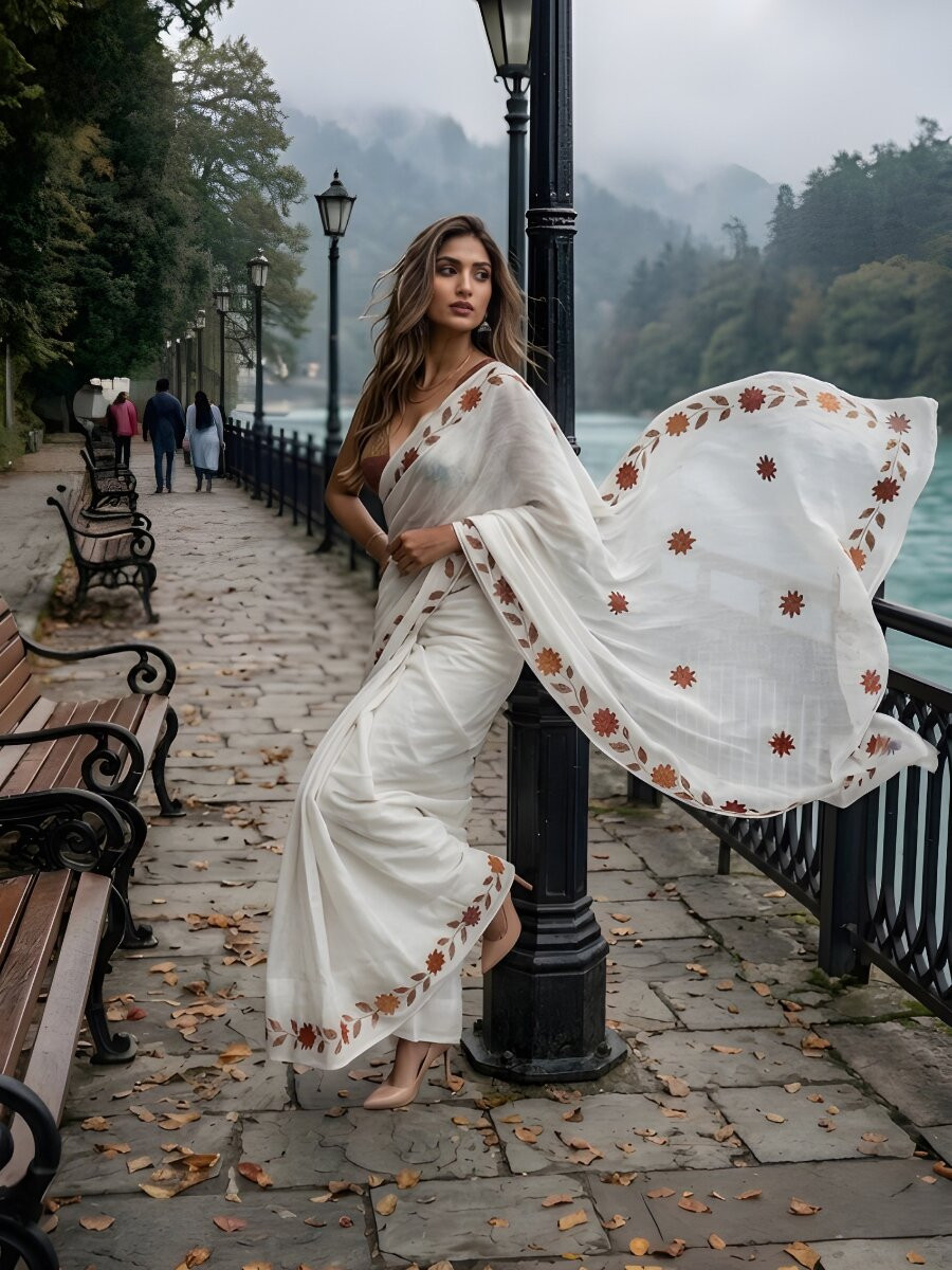 White Silver Cotton Floral Printed Wedding Reception Party Festival Casual Heavy Border Sarees
