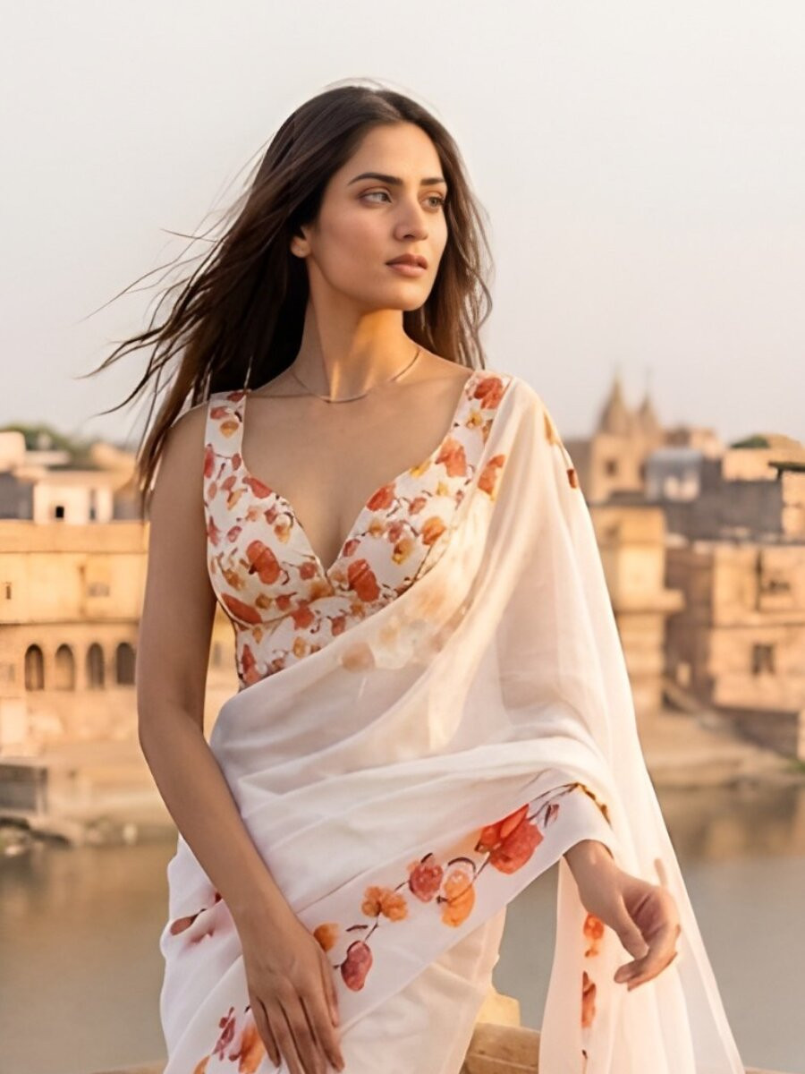 White Silver Cotton Floral Printed Wedding Reception Party Festival Casual Heavy Border Sarees