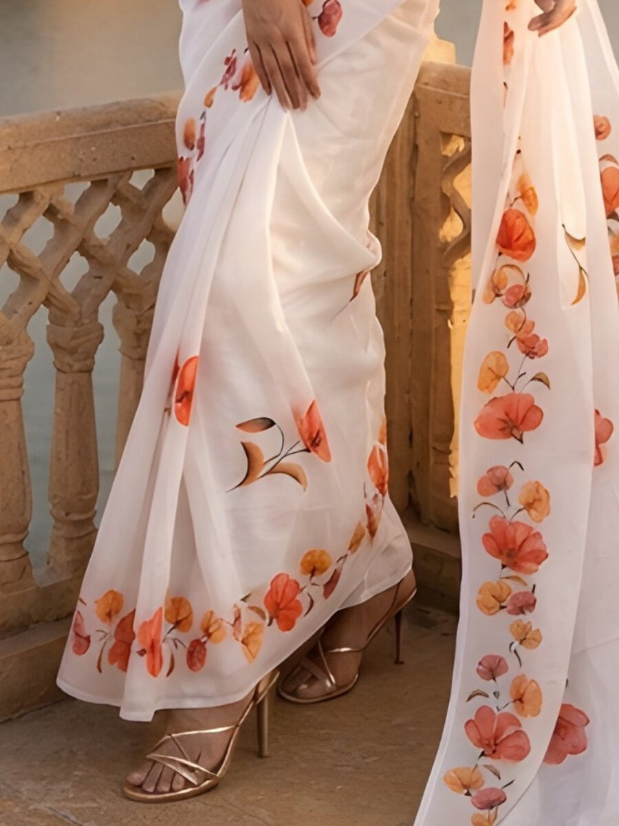 White Silver Cotton Floral Printed Wedding Reception Party Festival Casual Heavy Border Sarees
