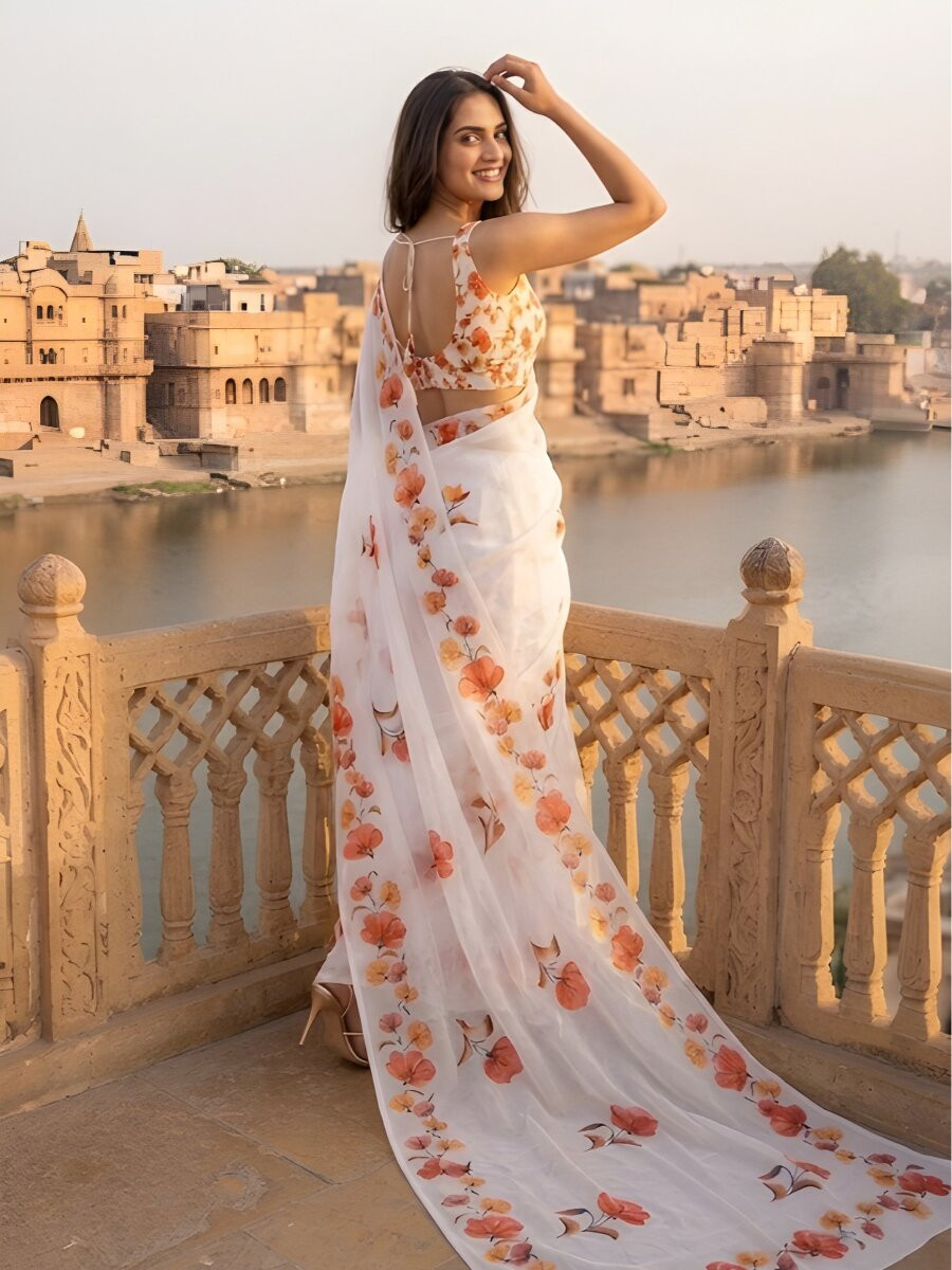 White Silver Cotton Floral Printed Wedding Reception Party Festival Casual Heavy Border Sarees