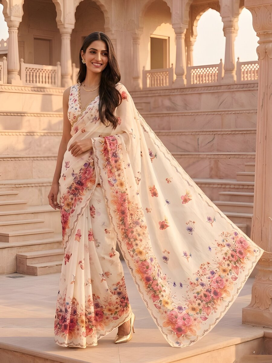 White Silver Cotton Printed Wedding Reception Party Festival Casual Heavy Border Sarees