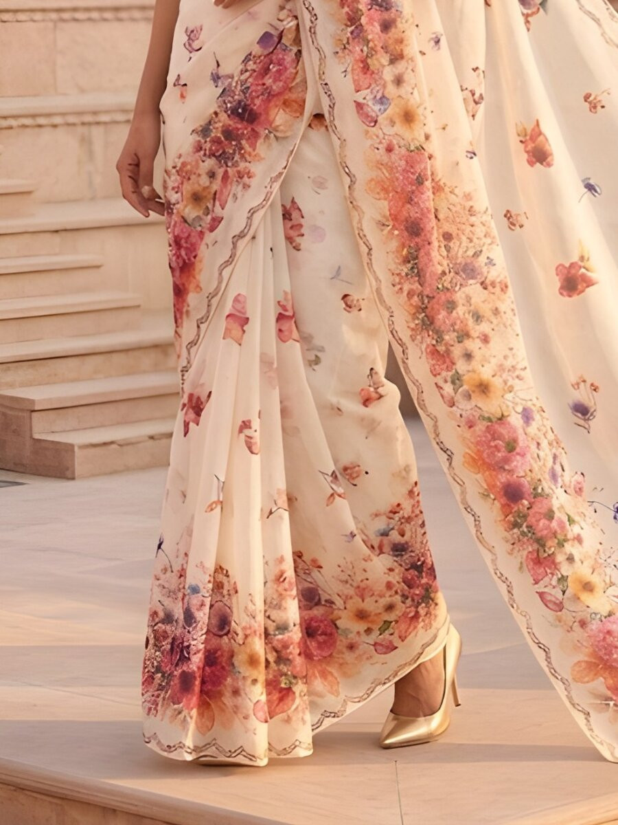 White Silver Cotton Printed Wedding Reception Party Festival Casual Heavy Border Sarees