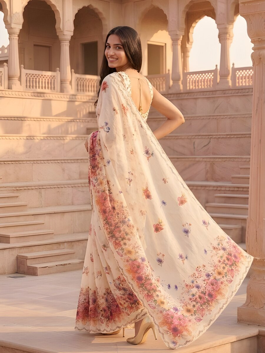 White Silver Cotton Printed Wedding Reception Party Festival Casual Heavy Border Sarees