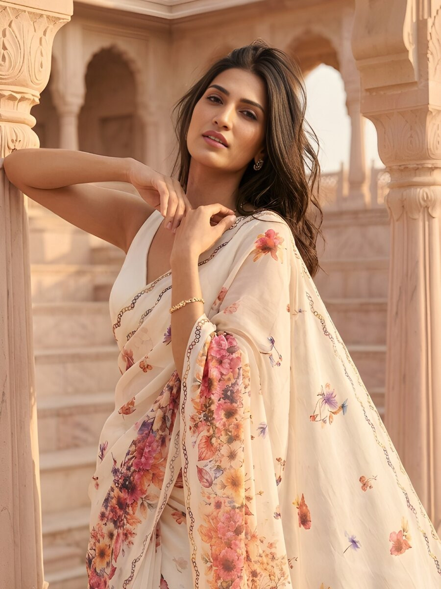 White Silver Cotton Printed Wedding Reception Party Festival Casual Heavy Border Sarees