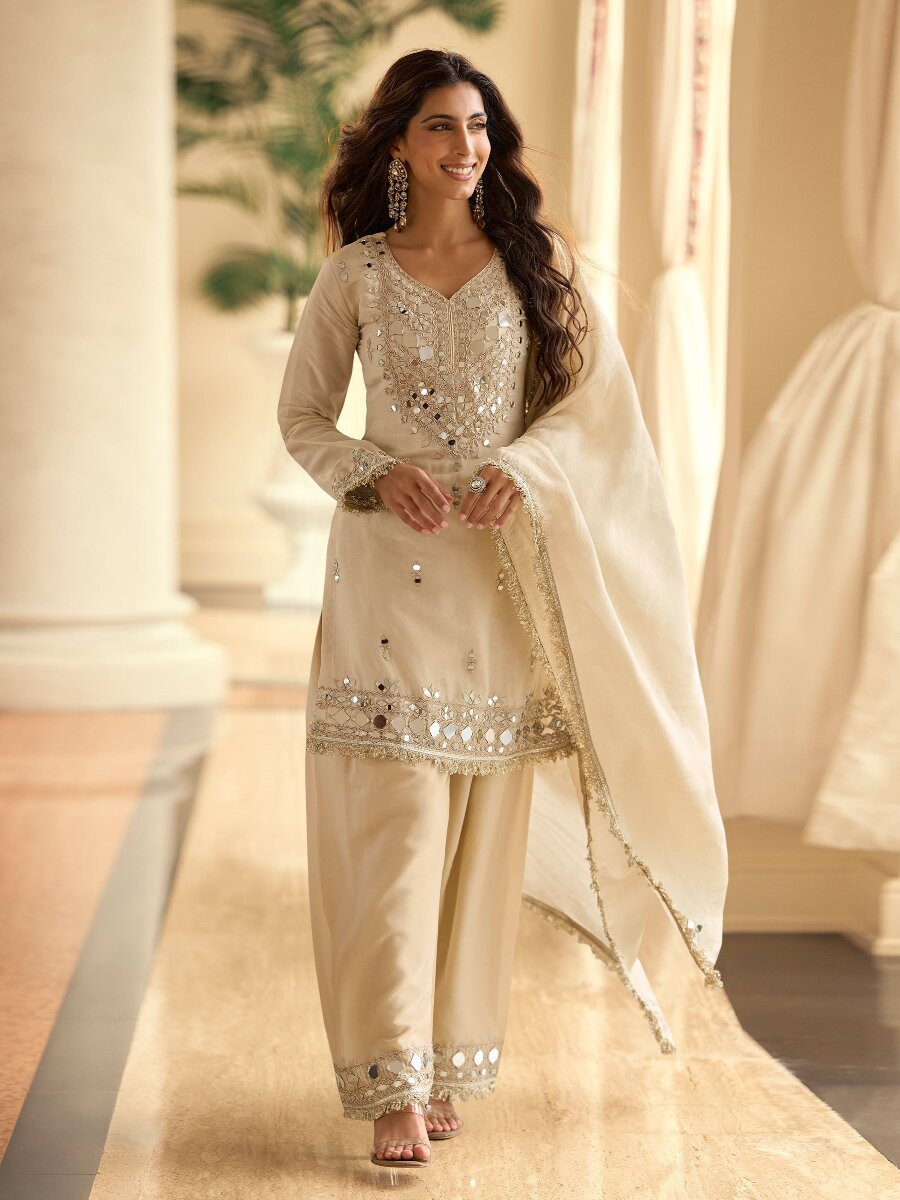 White Simmer Mirror Work Wedding Party Festival Casual Ready Palazzo Pant Salwar Kameez