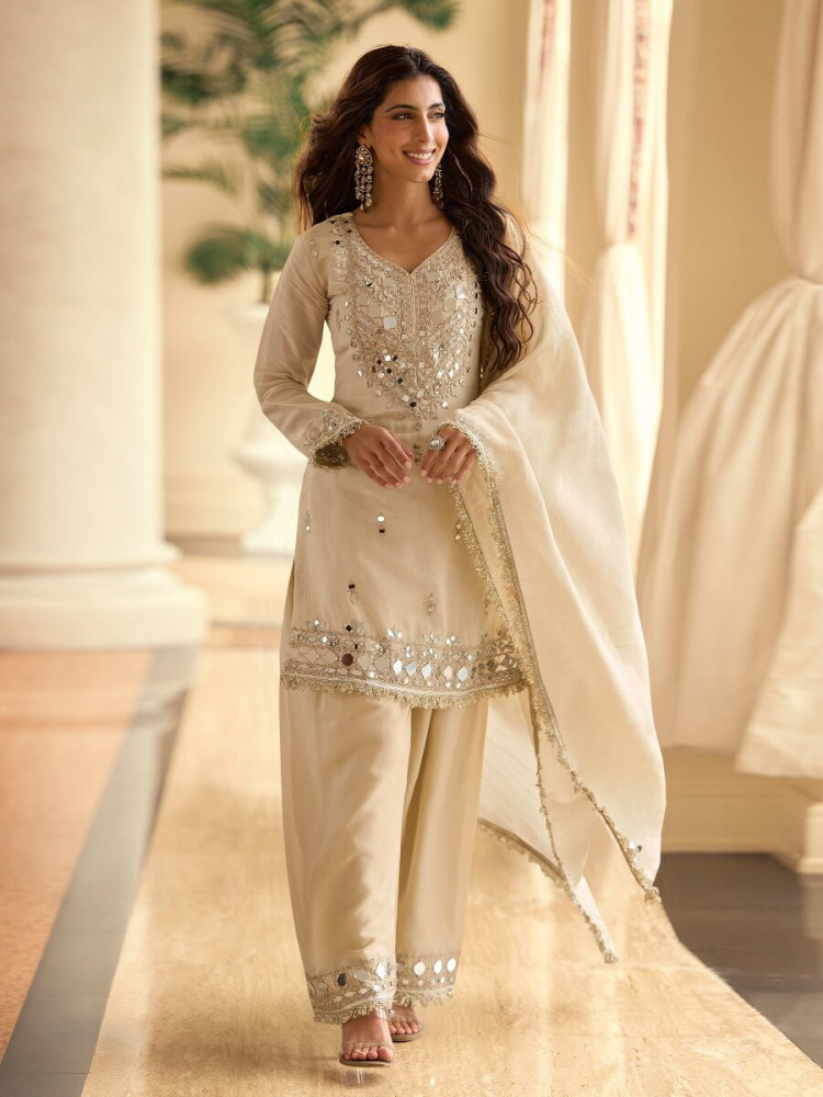Image of White Simmer Mirror Work Wedding Party Festival Casual Ready Palazzo Pant Salwar Kameez