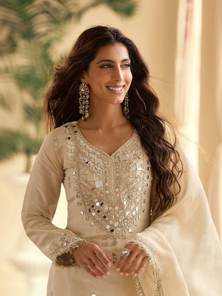 White Simmer Mirror Work Wedding Party Festival Casual Ready Palazzo Pant Salwar Kameez