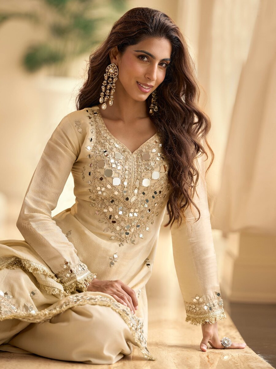 White Simmer Mirror Work Wedding Party Festival Casual Ready Palazzo Pant Salwar Kameez