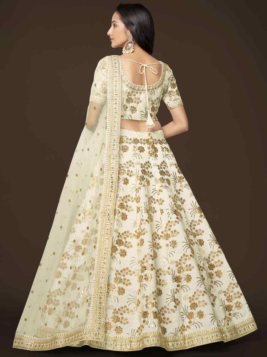 White Slub Silk Embroidered Engagement Wedding Heavy Border Lehenga Choli