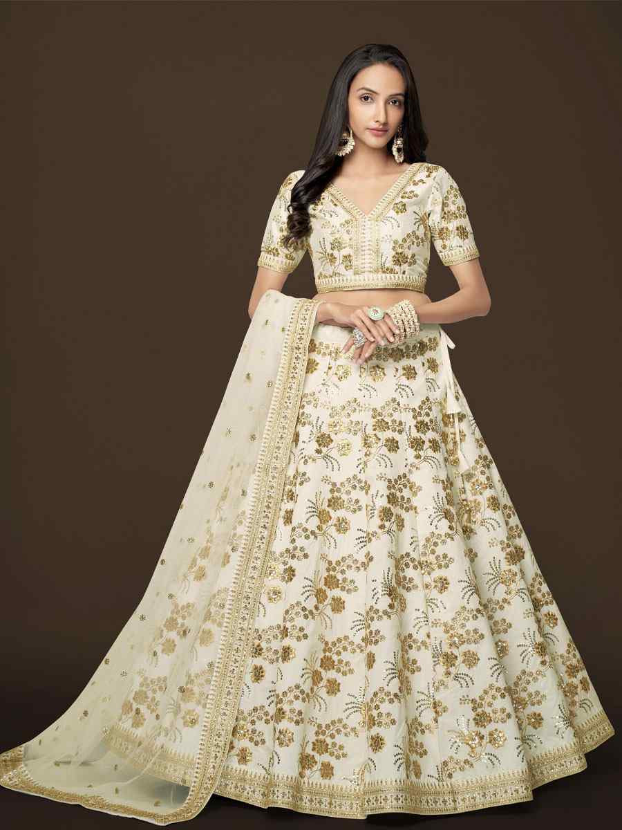 White Slub Silk Embroidered Wedding Reception Festival Heavy Border Lehenga Choli