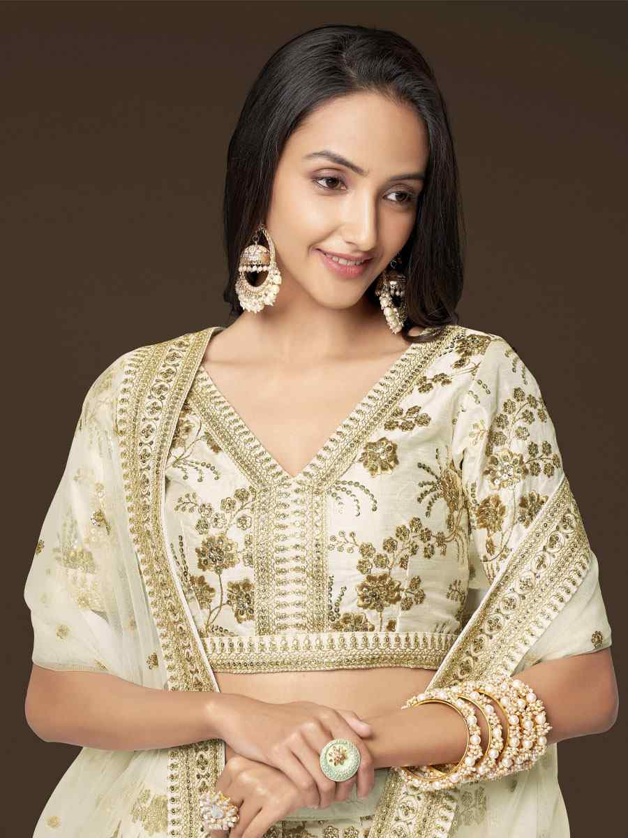 White Slub Silk Embroidered Wedding Reception Festival Heavy Border Lehenga Choli