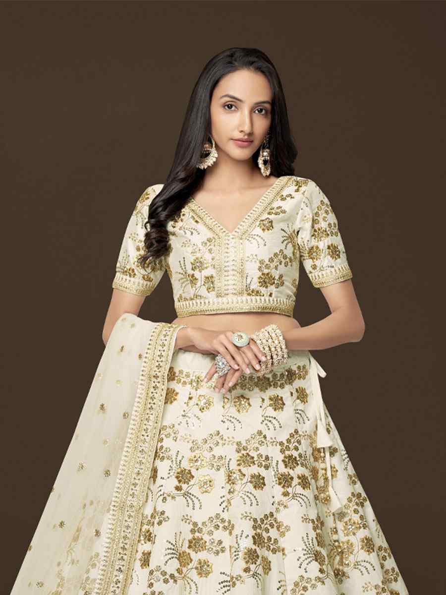 White Slub Silk Embroidered Wedding Reception Festival Heavy Border Lehenga Choli