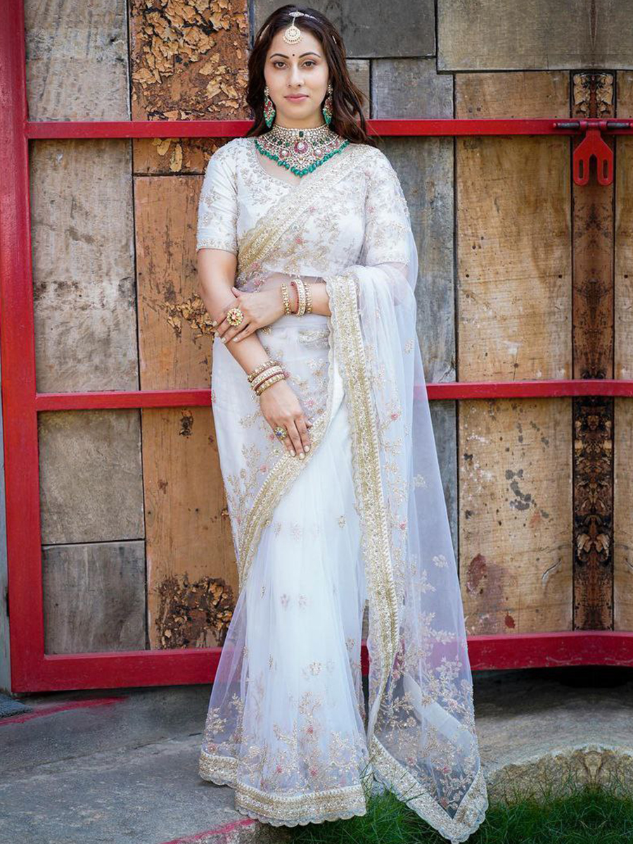 White Soft Butterfly Net Embroidery Party Reception Heavy Border Saree