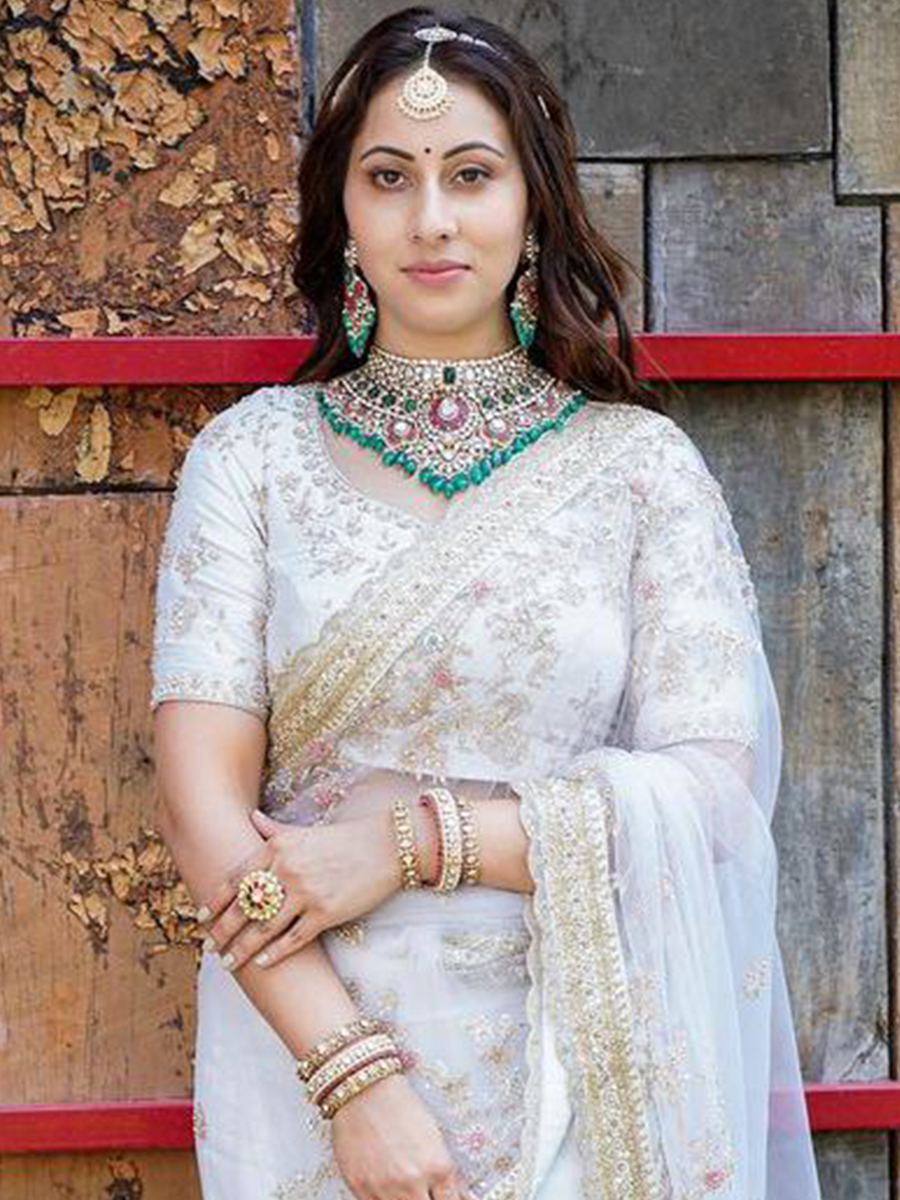 White Soft Butterfly Net Embroidery Party Reception Heavy Border Saree