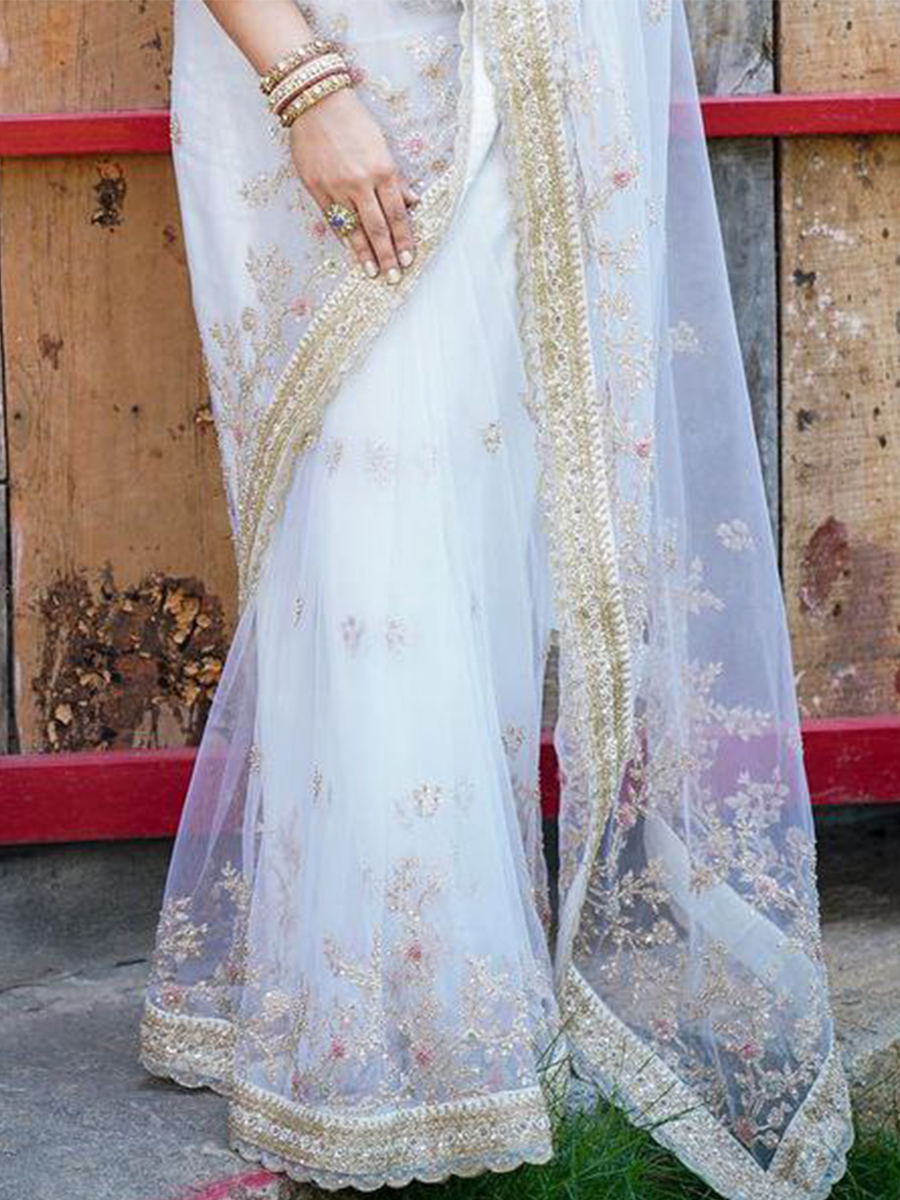 White Soft Butterfly Net Embroidery Party Reception Heavy Border Saree