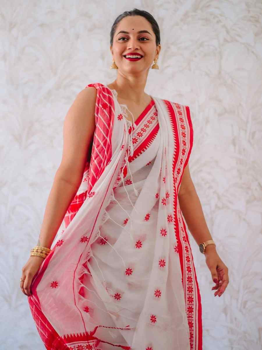 White Soft Cotton Jacquard Festival Wear Fancy Heavy Border Saree