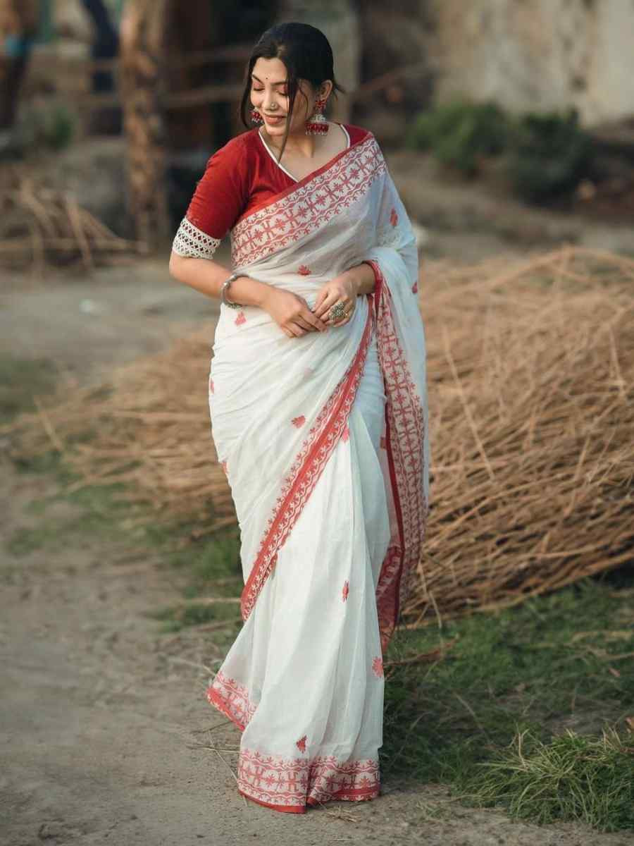 White Soft Cotton Jacquard Festival Wear Fancy Heavy Border Saree