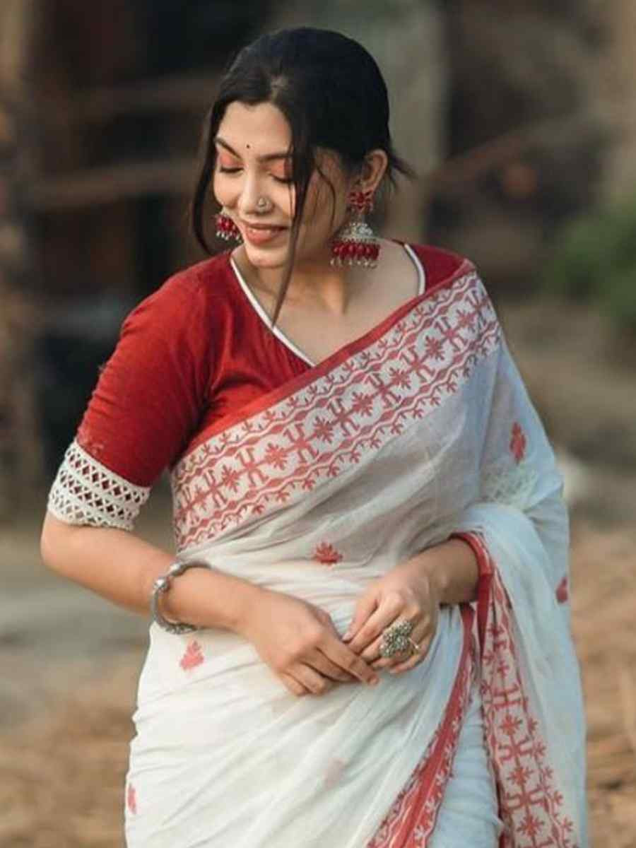 White Soft Cotton Jacquard Festival Wear Fancy Heavy Border Saree