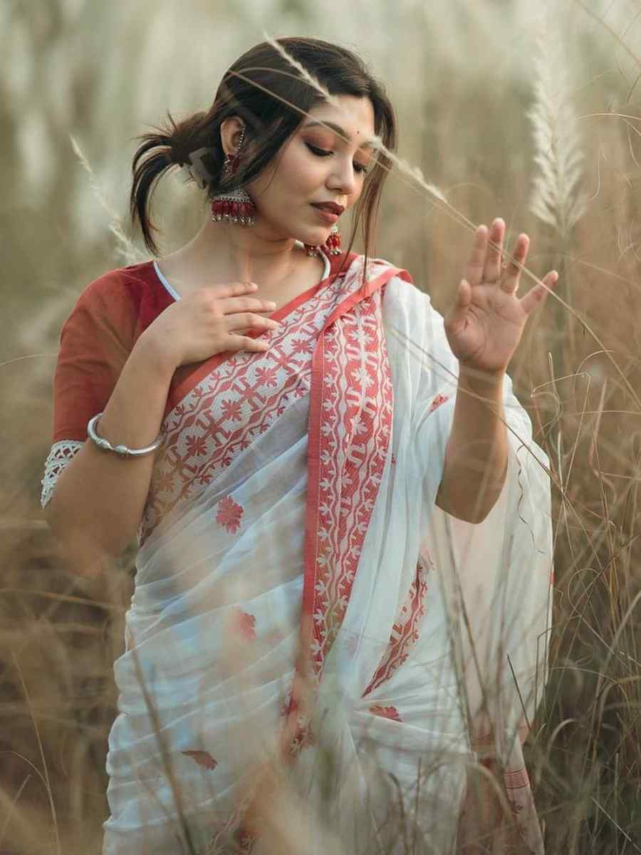 White Soft Cotton Jacquard Festival Wear Fancy Heavy Border Saree