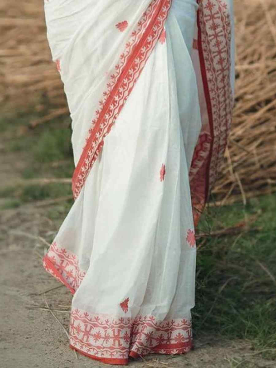 White Soft Cotton Jacquard Festival Wear Fancy Heavy Border Saree