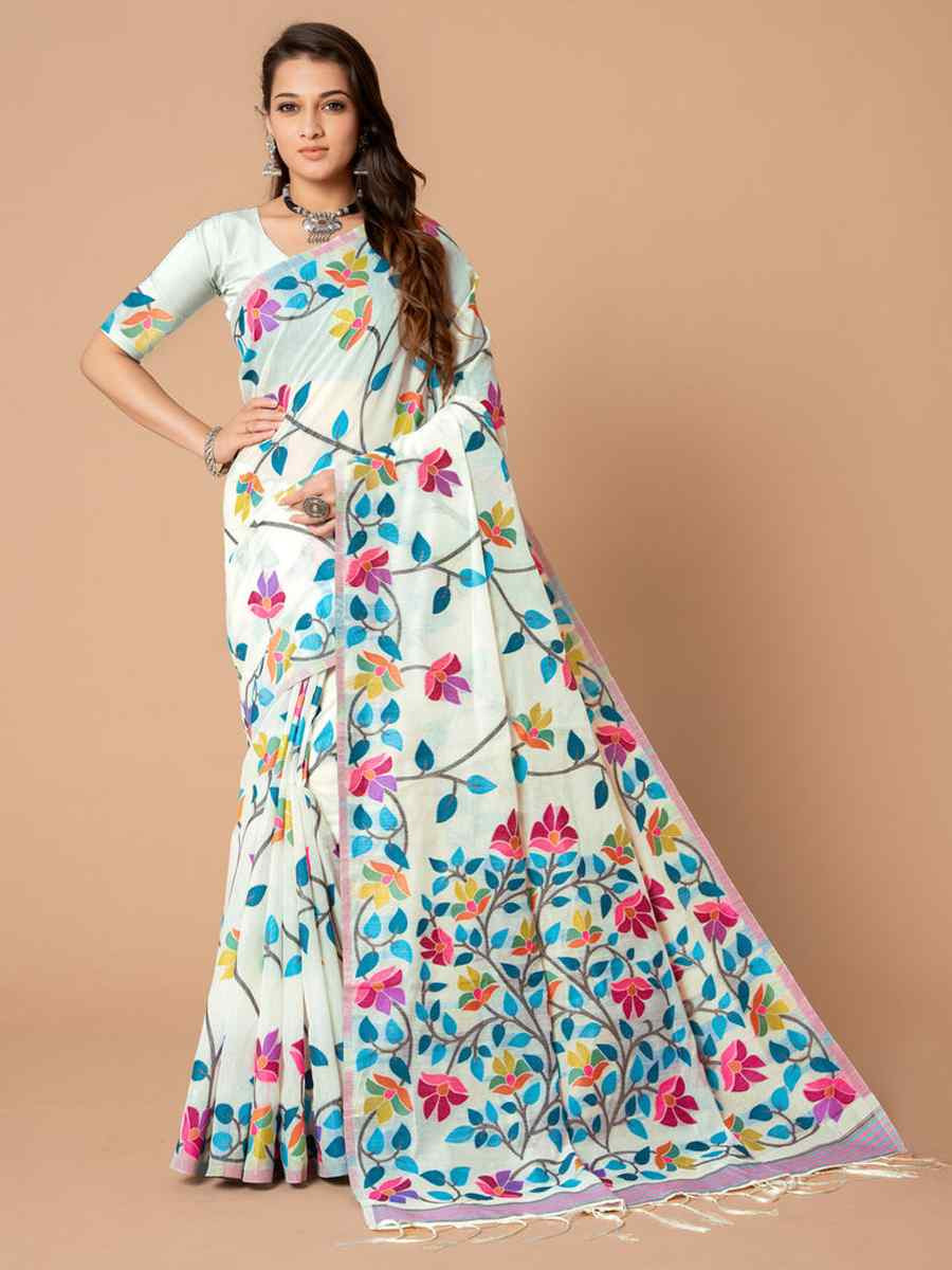 White Soft Cotton Printed Festival Wedding Fancy Casual Contemporary Saree