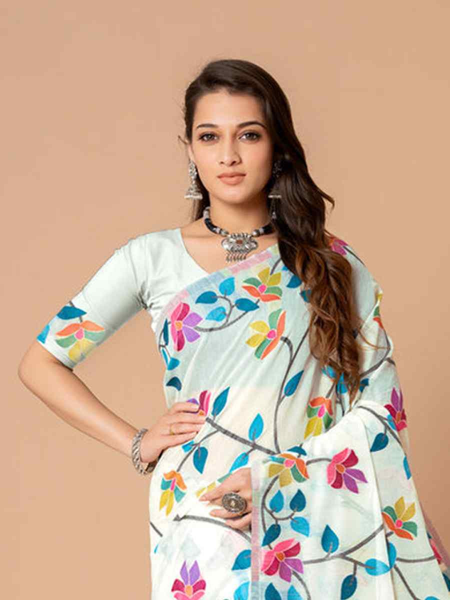 White Soft Cotton Printed Festival Wedding Fancy Casual Contemporary Saree