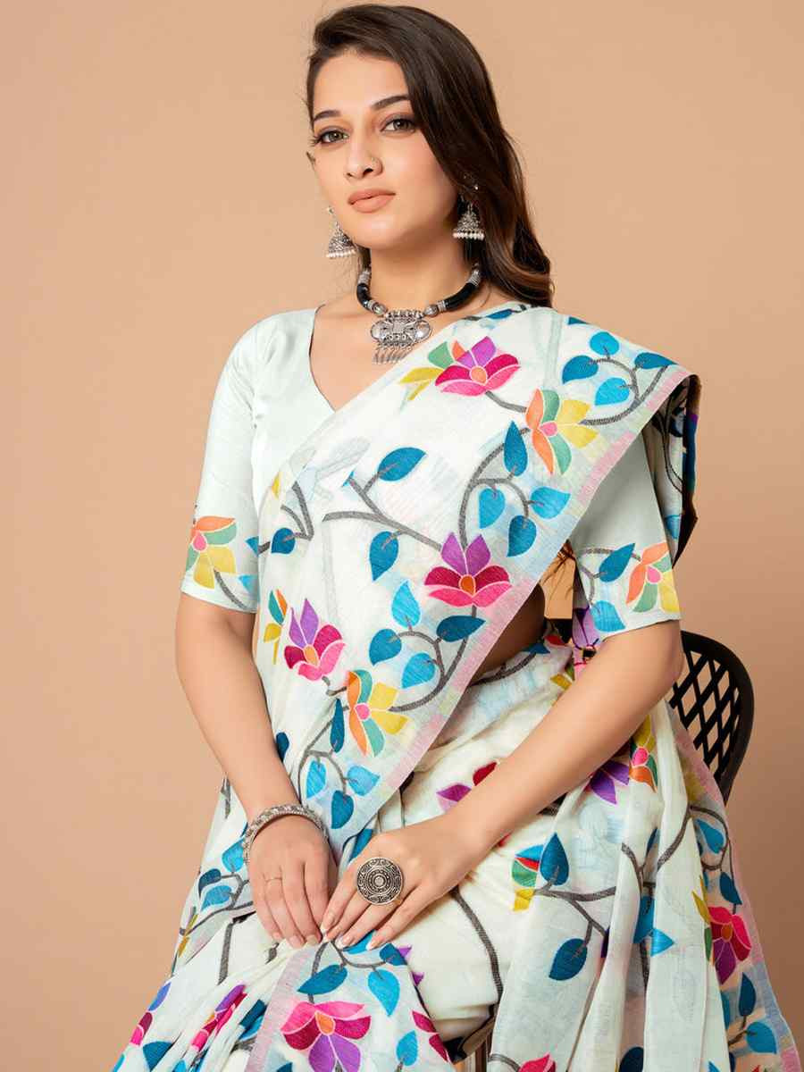 White Soft Cotton Printed Festival Wedding Fancy Casual Contemporary Saree