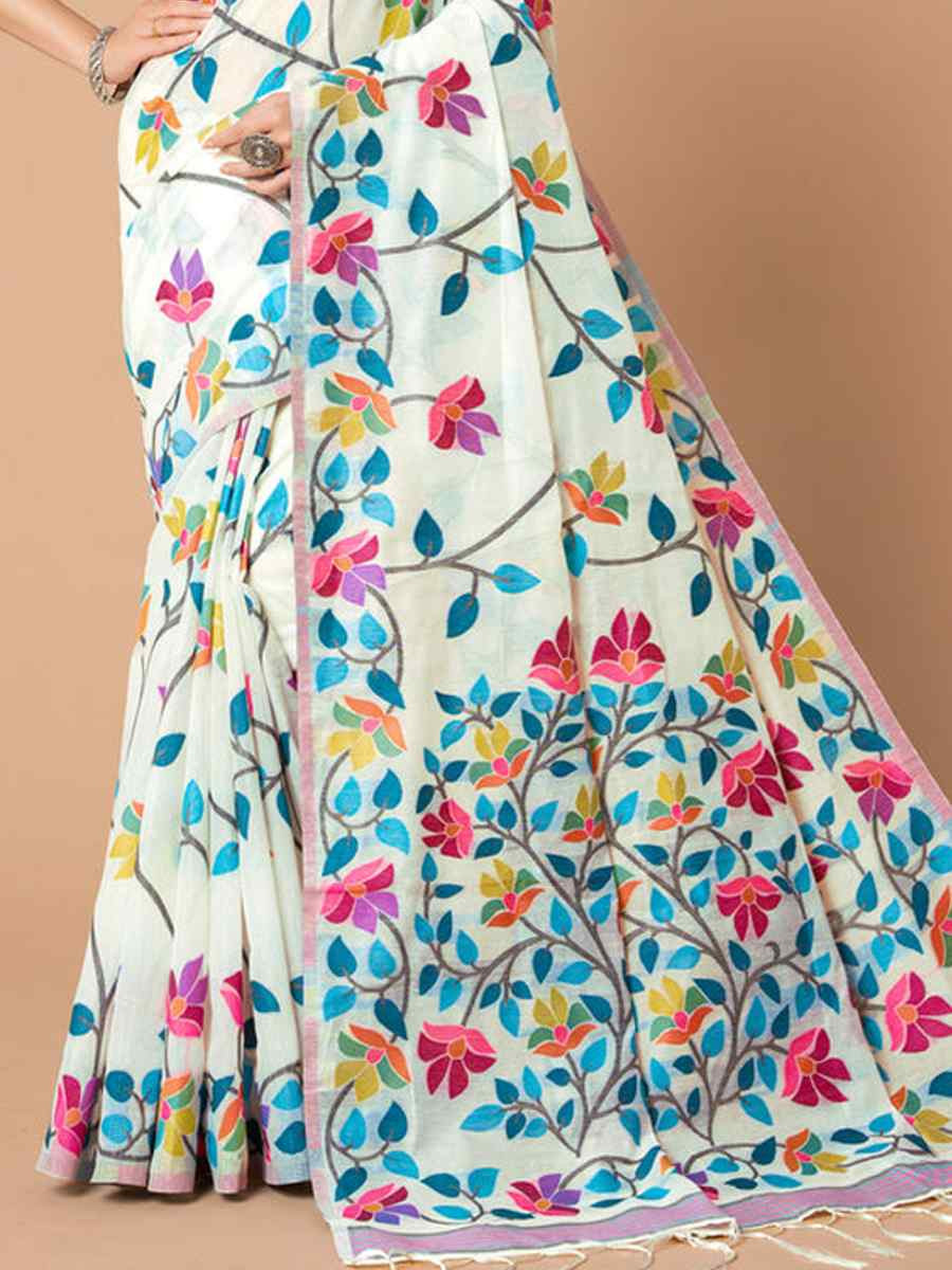 White Soft Cotton Printed Festival Wedding Fancy Casual Contemporary Saree
