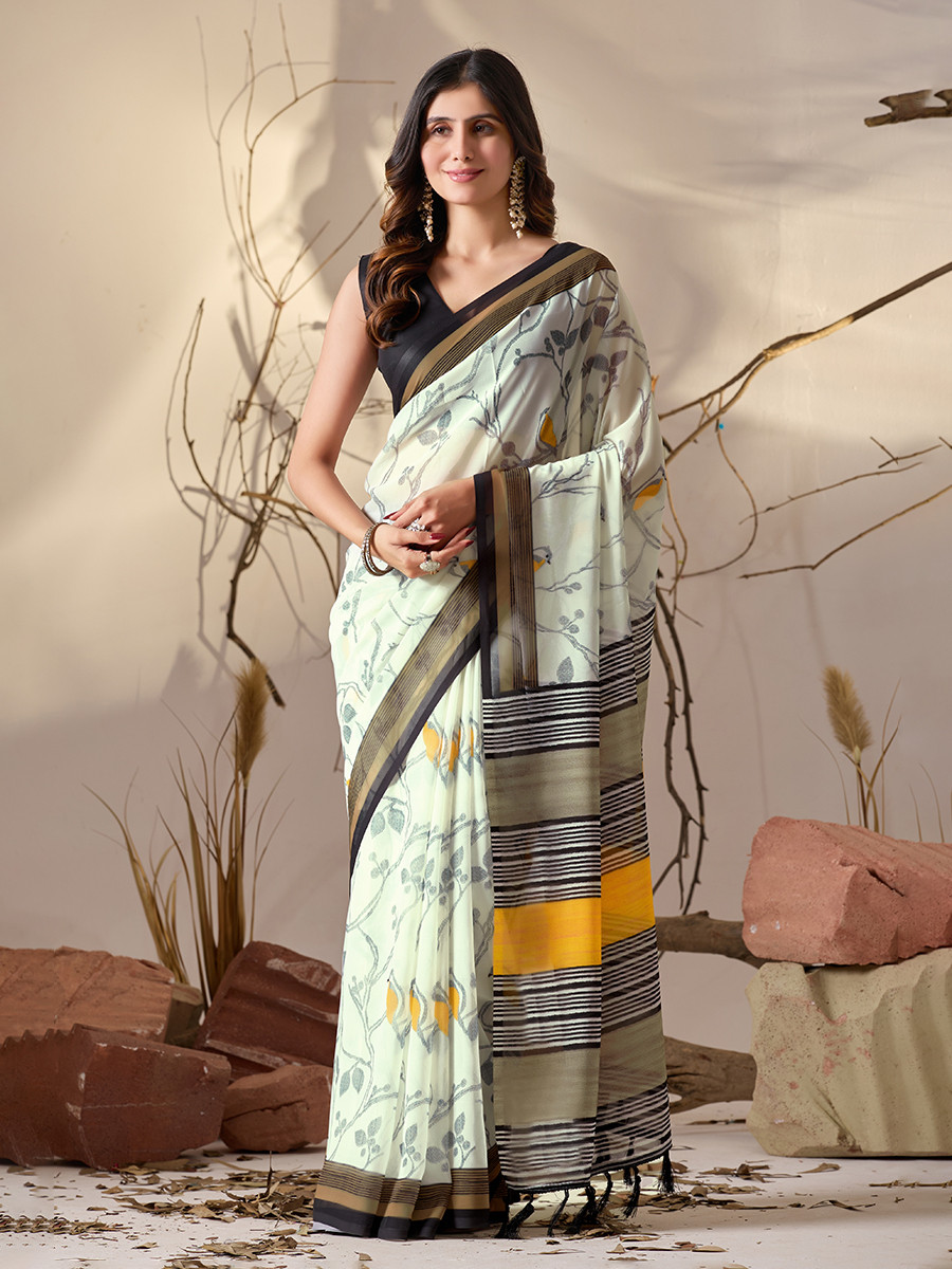 White Soft Georgette Printed Wedding Reception Party Festival Casual Heavy Border Sarees