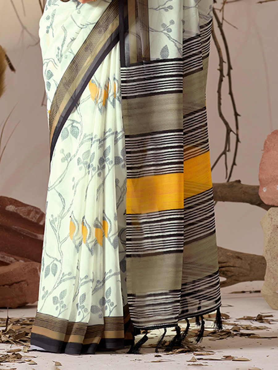 White Soft Georgette Printed Wedding Reception Party Festival Casual Heavy Border Sarees