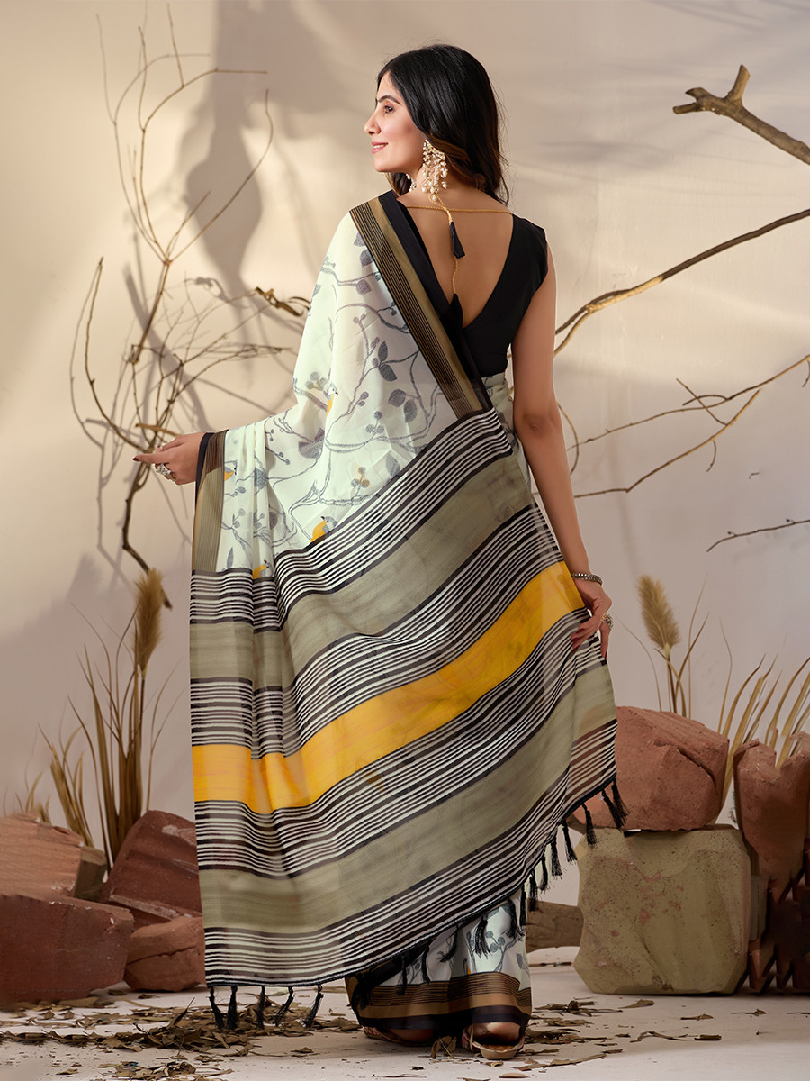 White Soft Georgette Printed Wedding Reception Party Festival Casual Heavy Border Sarees