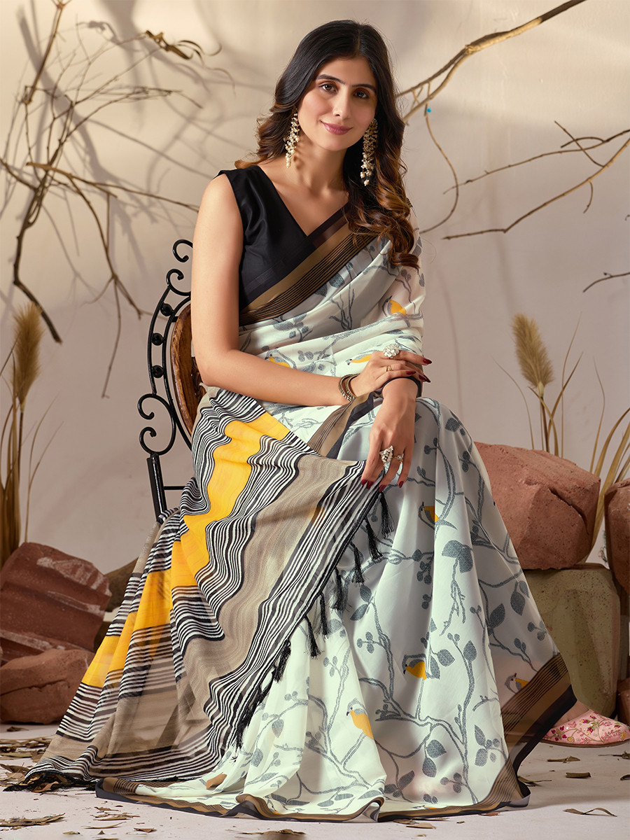 White Soft Georgette Printed Wedding Reception Party Festival Casual Heavy Border Sarees