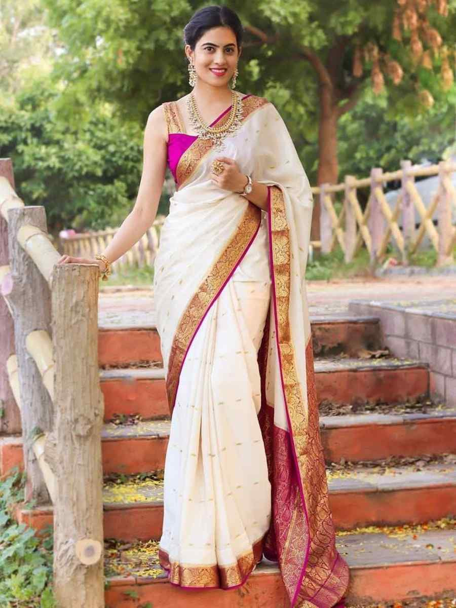 White Soft Lichi Silk Jacquard Festival Wear Fancy Heavy Border Saree