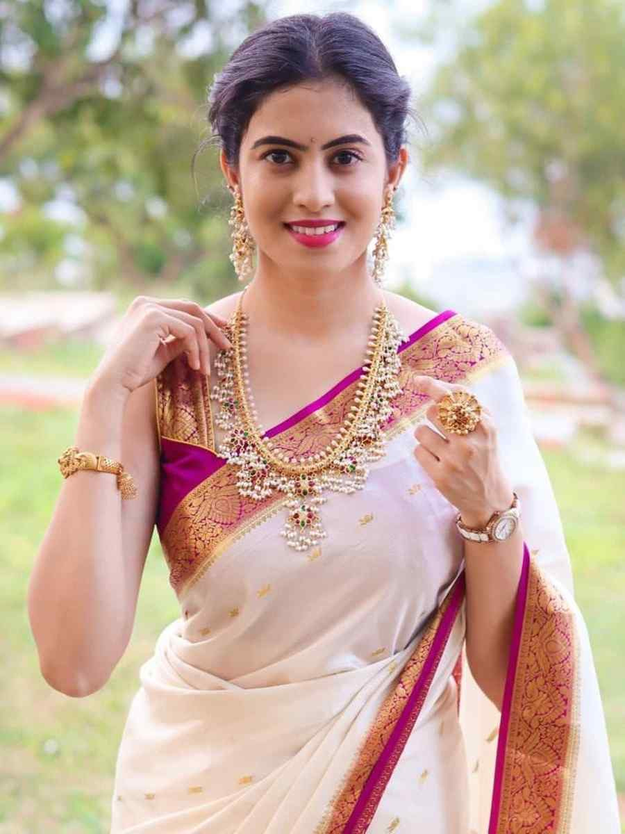 White Soft Lichi Silk Jacquard Festival Wear Fancy Heavy Border Saree