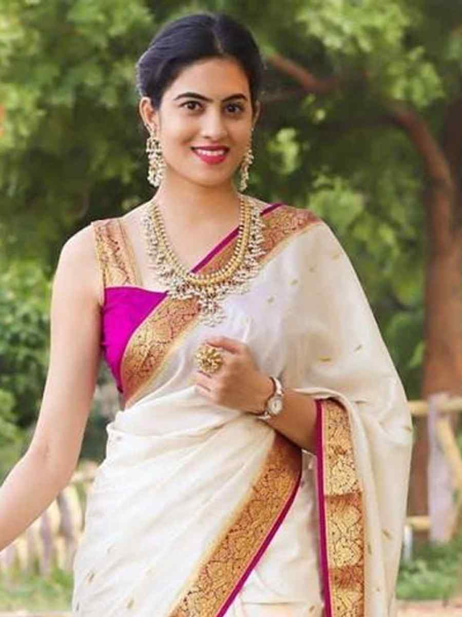 White Soft Lichi Silk Jacquard Festival Wear Fancy Heavy Border Saree