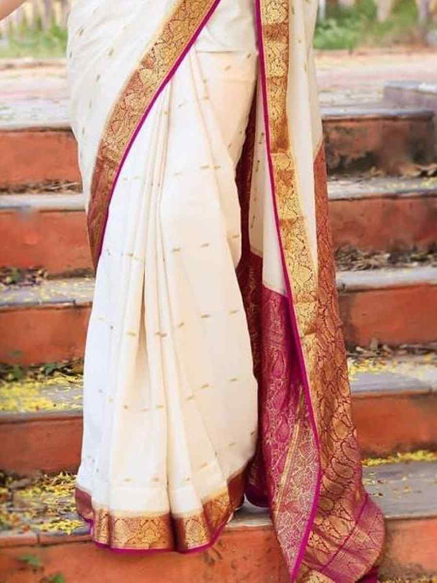 White Soft Lichi Silk Jacquard Festival Wear Fancy Heavy Border Saree