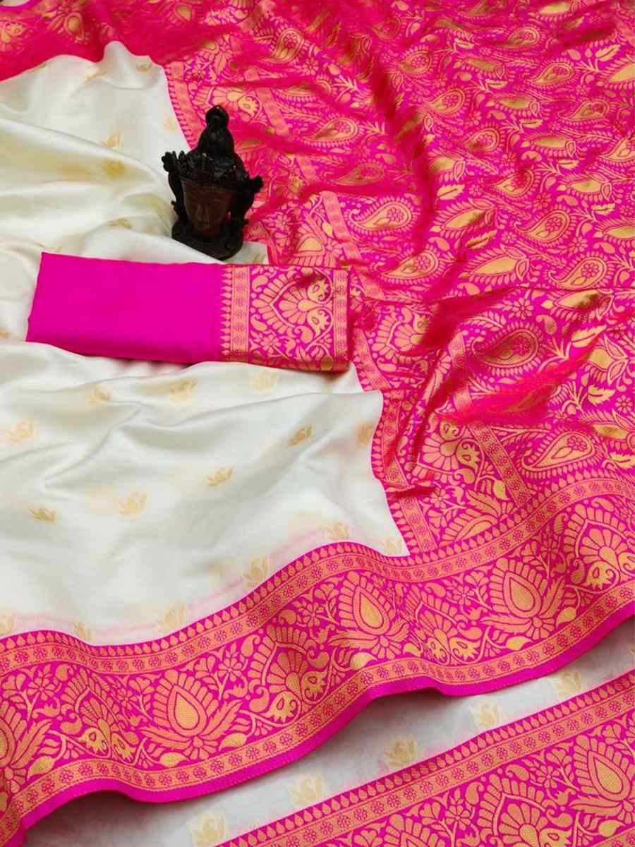 White Soft Lichi Silk Jacquard Festival Wear Fancy Heavy Border Saree