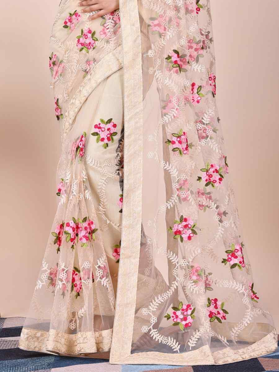 White Soft Net Embroidered Party Wedding Heavy Border Saree