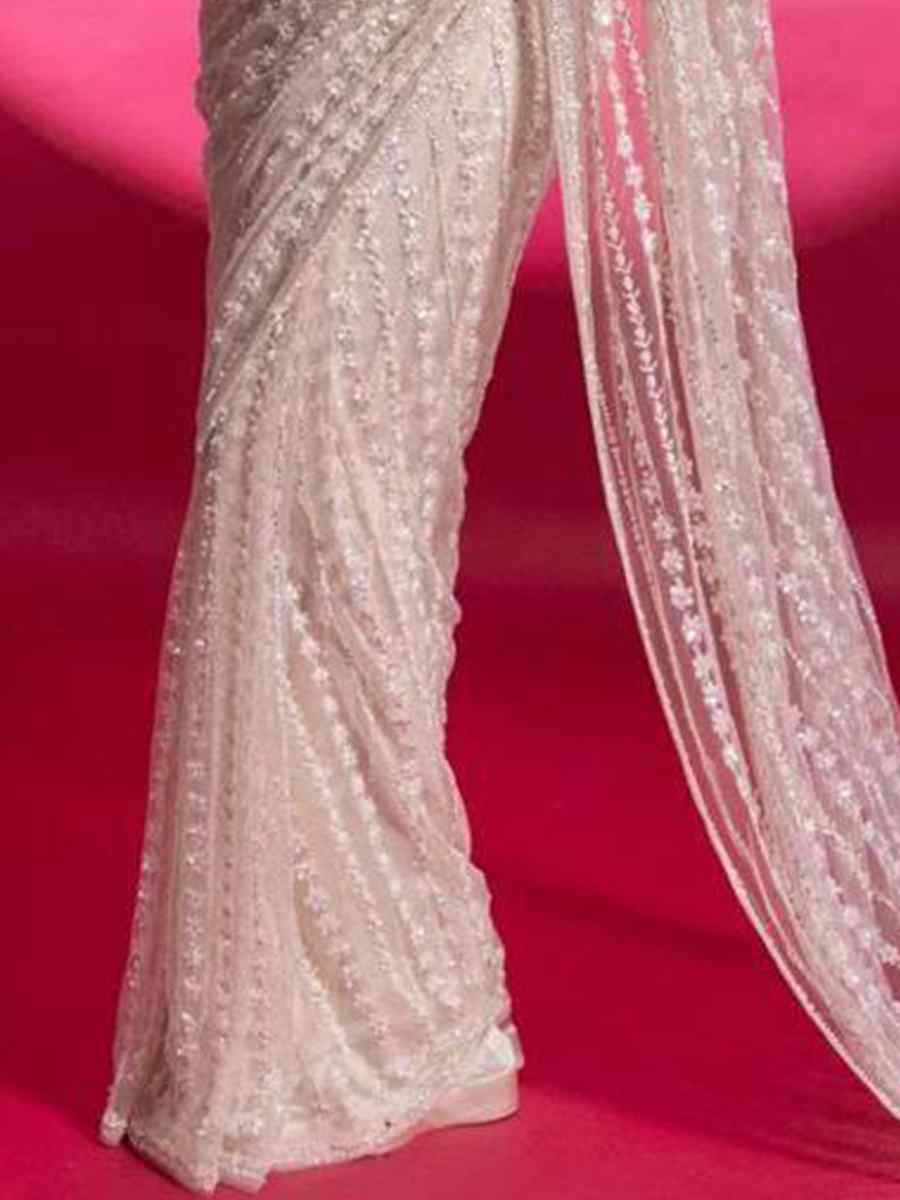 White Soft Net Embroidery Party Reception Classic Style Saree