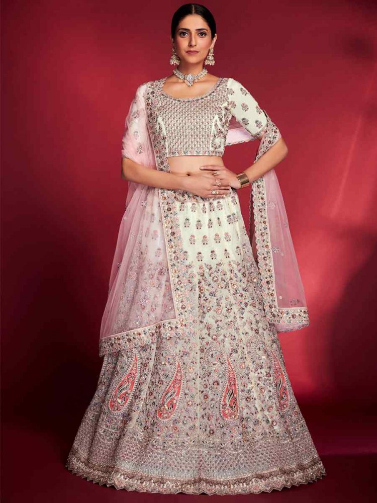 White Soft Silk Embroidered Engagement Wedding Heavy Border Lehenga Choli