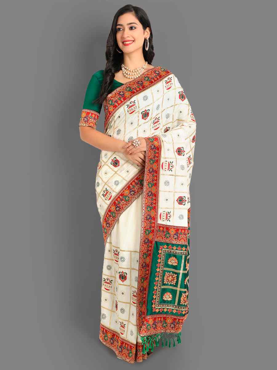 White Soft Silk Embroidered Wedding Festival Classic Style Saree