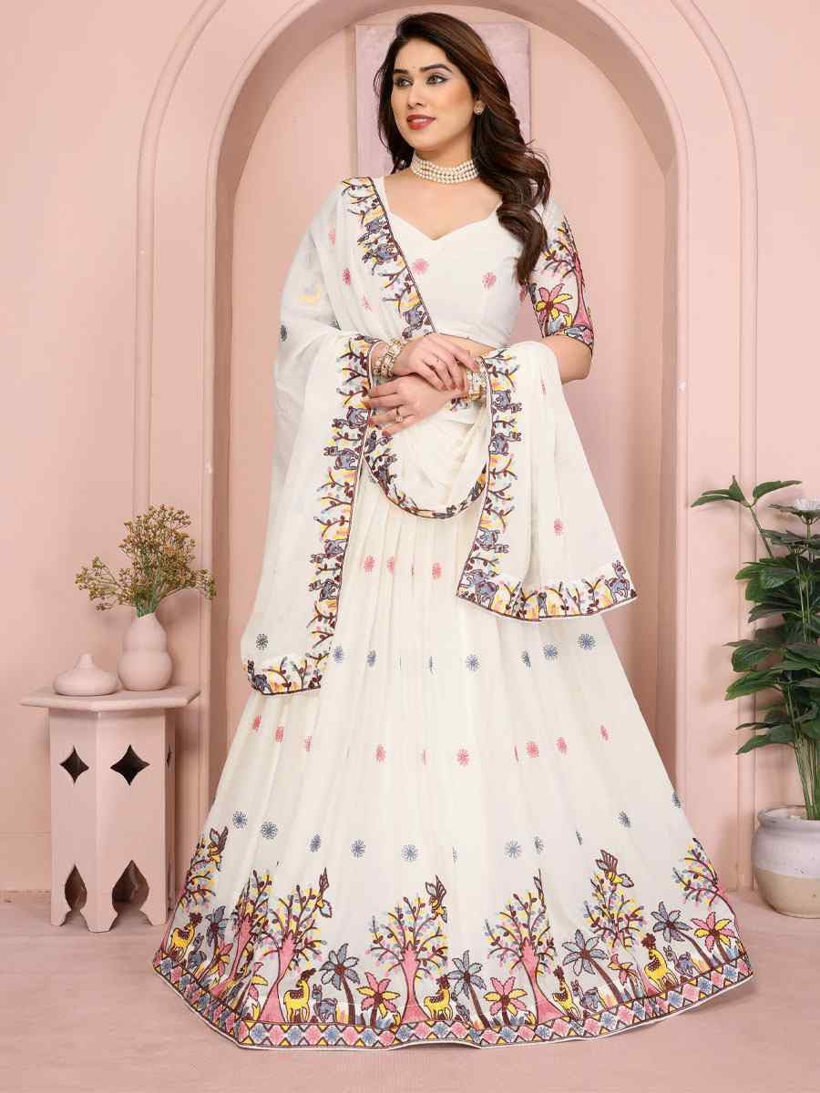 White Star Georgette Embroidered Festival Wedding Party Reception Heavy Border Lehenga Choli