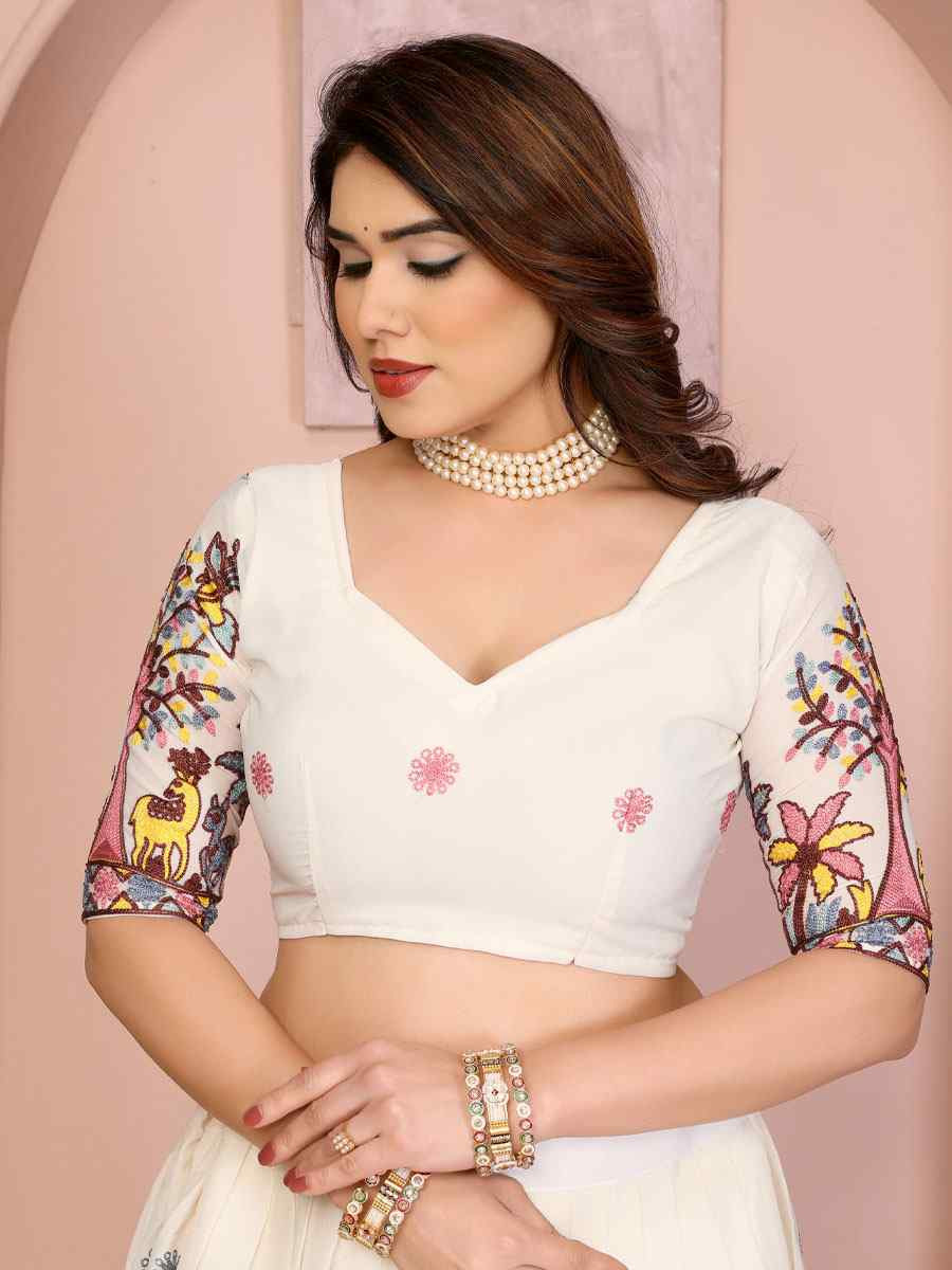 White Star Georgette Embroidered Festival Wedding Party Reception Heavy Border Lehenga Choli