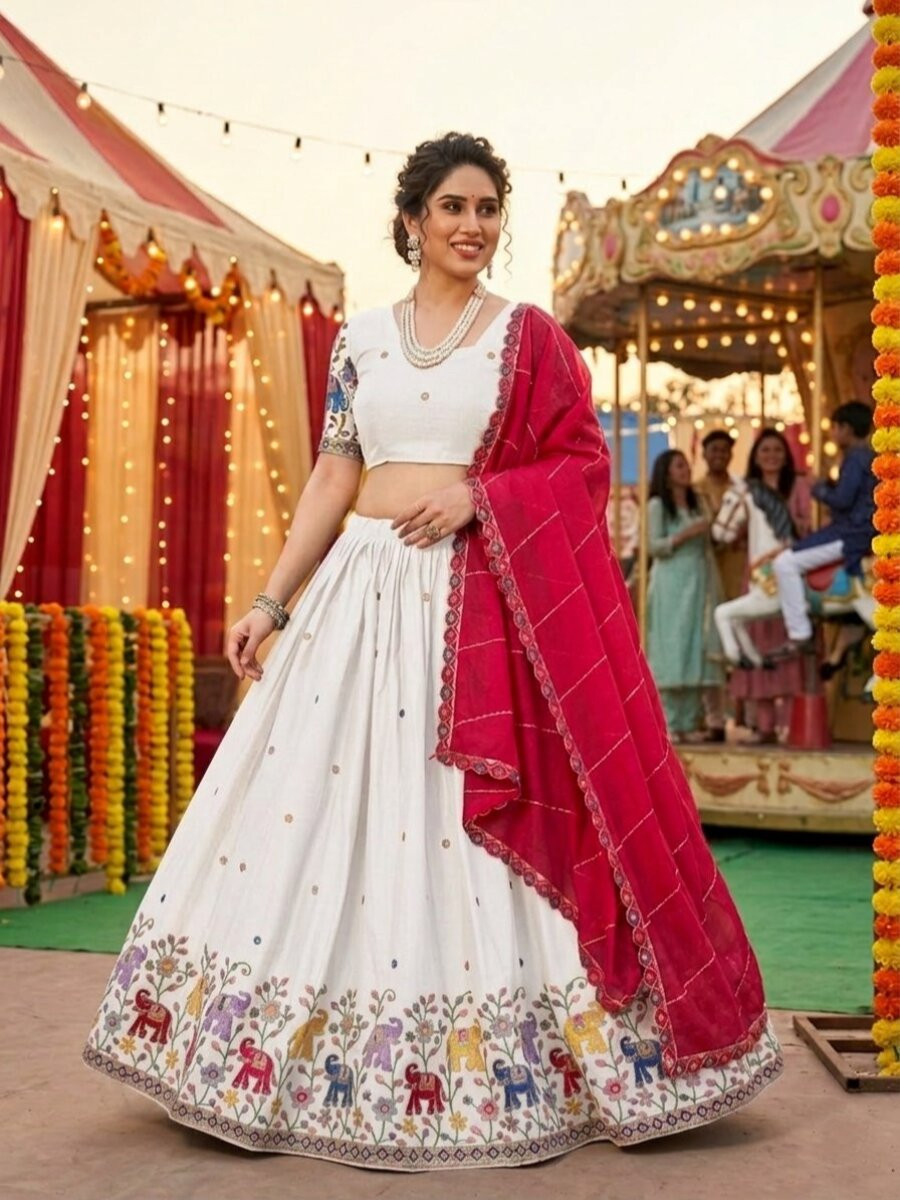 White Star Georgette Embroidery Sequins Wedding Reception Party Festival Heavy Border Lehenga Choli