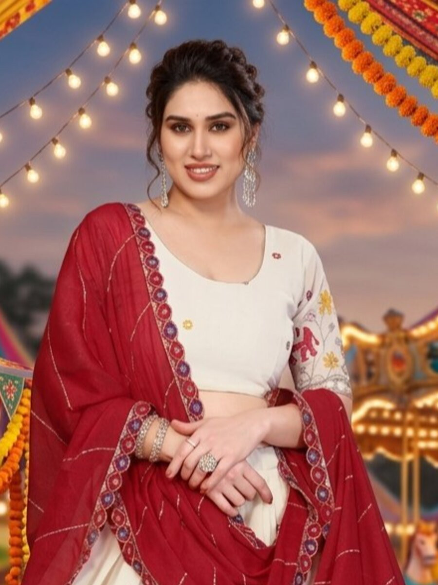White Star Georgette Embroidery Sequins Wedding Reception Party Festival Heavy Border Lehenga Choli